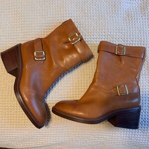 Tan Leather Mid-Calf Moto Buckle Boots
